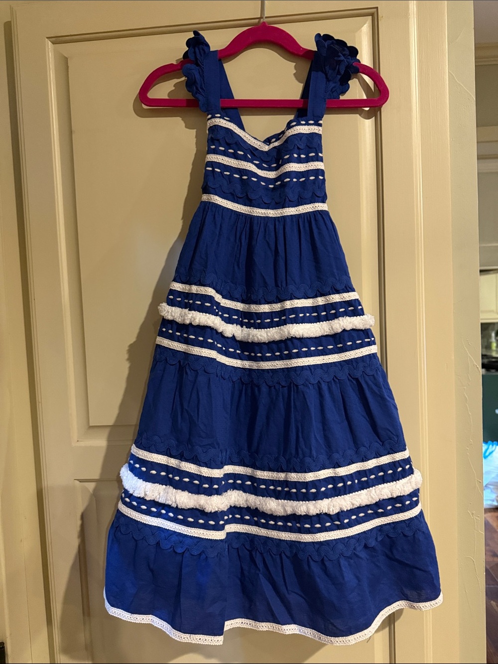Mini Boden Girls Blue Tiered Sundress with White Trim